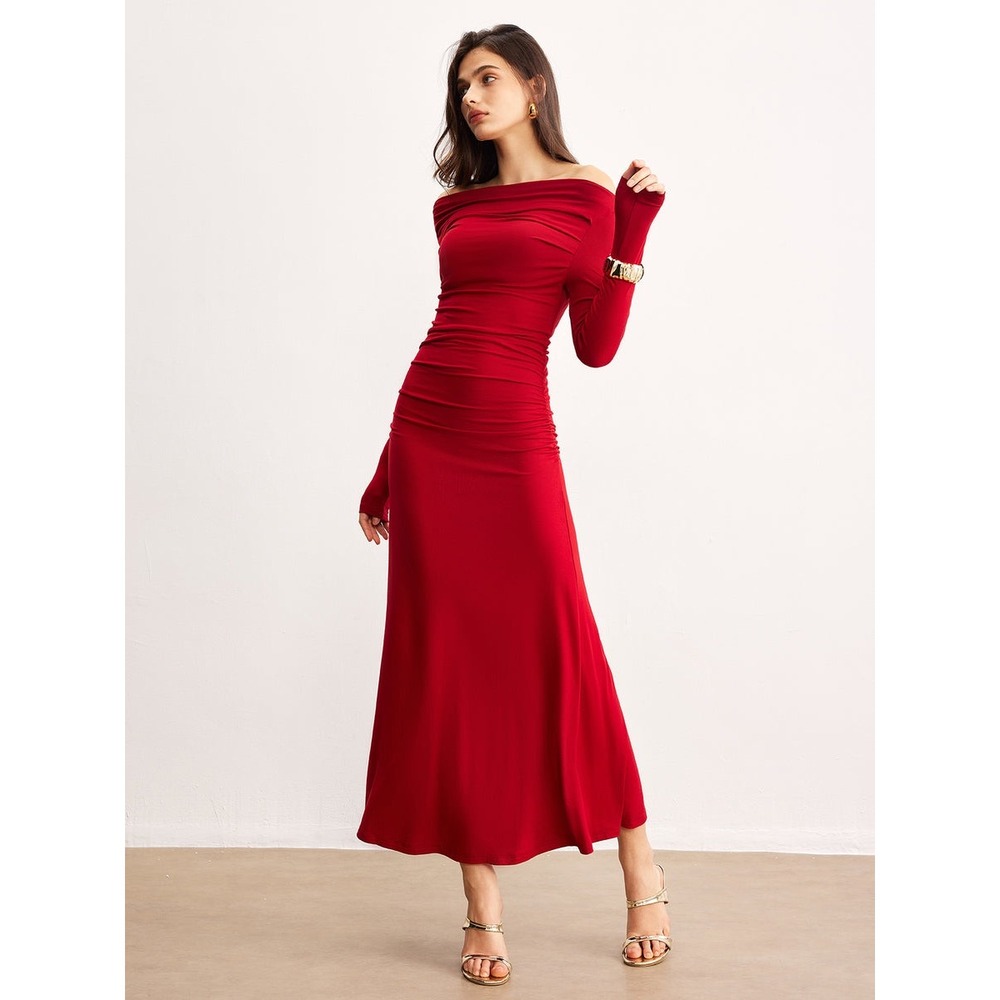 COMMENSE Red Off Shoulder Ruffle Knit Dress Elegant Evening Maxi Size XL